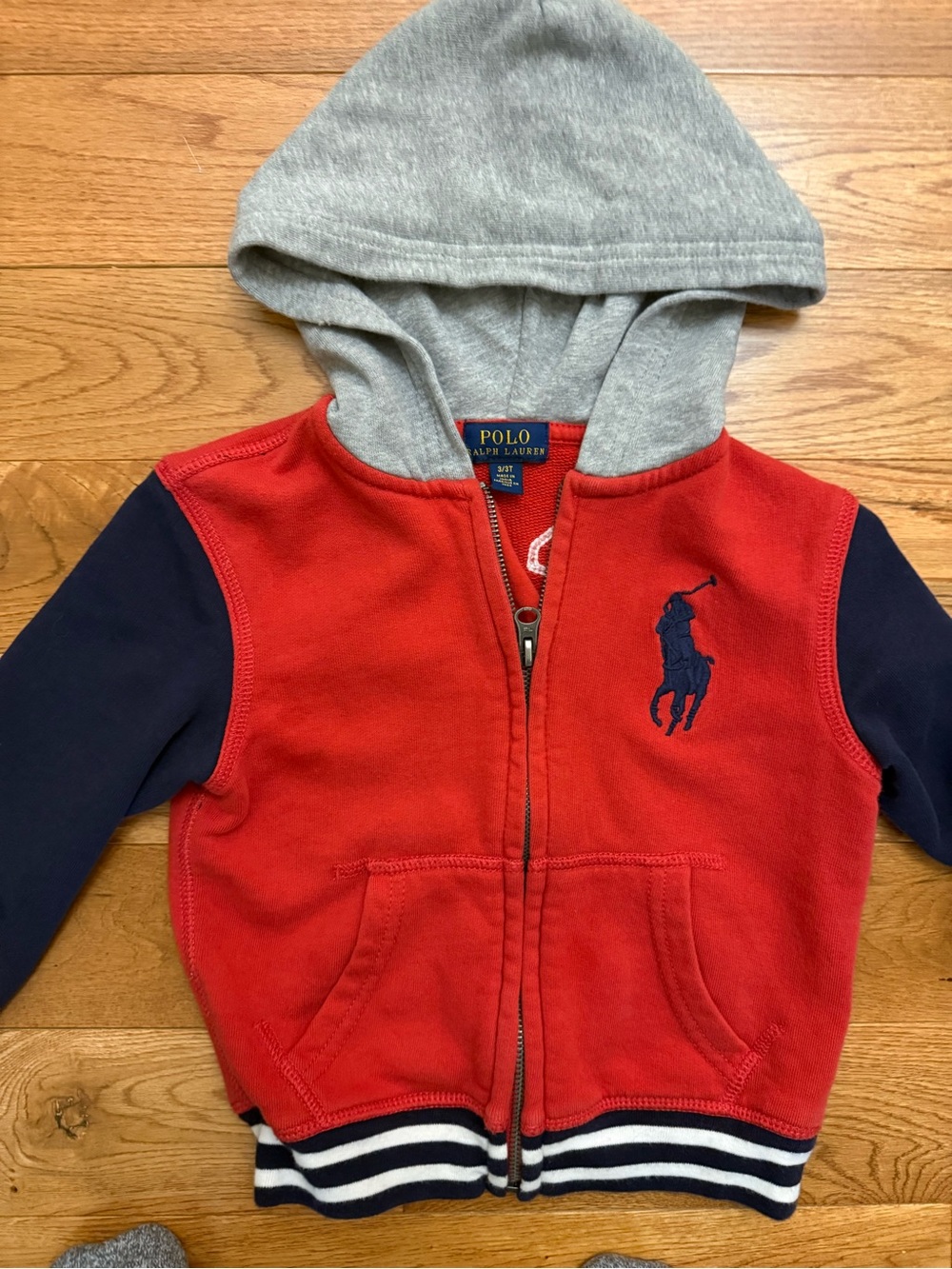 Polo Ralph Lauren Boys Full-Zip Hoodie 3T Red Navy Gray Big Pony #67 EUC